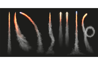 Rocket launch smoke tracks. Dynamic jet fly trails&2C; plane engine cloud