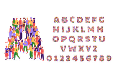 Creative top view crowd font. Isometric people alphabet letters and nu