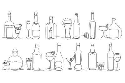 Continuous one line alcohol drinks. Minimalist alcohol bottles and gla