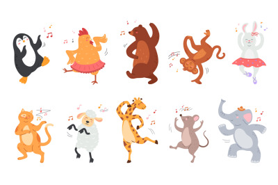 Cartoon dancing animals. Zoo characters in birthday party dance poses,