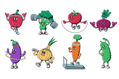 Cartoon healthy vegetables mascots. Sport veggies characters in fitnes