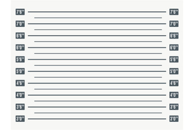 Mugshot lineup. Prison photo booking backdrop template with height mea