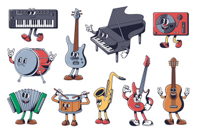 Cartoon musical instrument characters. Music mascots keyboard synthesi