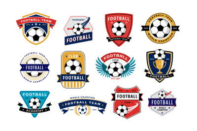 Soccer club badge collection. Football team emblems with soccer balls,