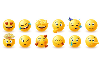 Funny 3d emoji faces. Yellow emoticon with love hearts and star eye&2C; h