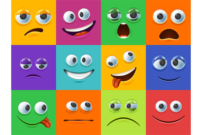 Cartoon 3D face backgrounds. Funny eyes and mouth facial expressions.