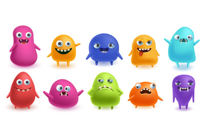 Funny monsters. Blob shape creatures with silly 3D faces, color jelly