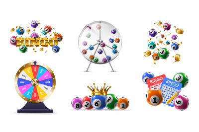 Lotteries game. Fortune wheel, bingo tickets and lottery balls in spin