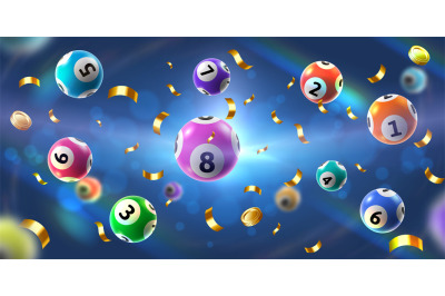 Bingo balls splash background. Floating lotto game ball, golden coins