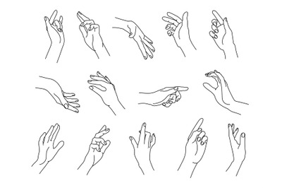 Set of linear human palms. Hand gestures for pointing, holding, snappi