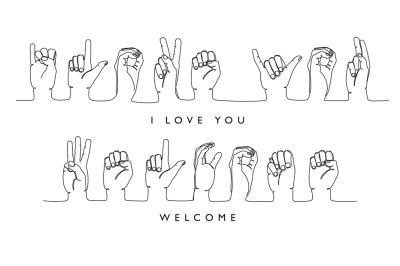 Sign deaf language. I love you and welcome word in American sign langu