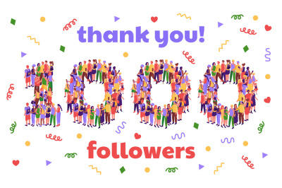 Thank you 1000 followers banner. Social media thousand subscriber mile
