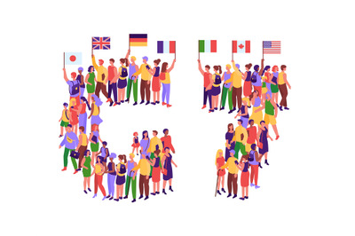 G7 countries people. Community holding flags of United Kingdom, German