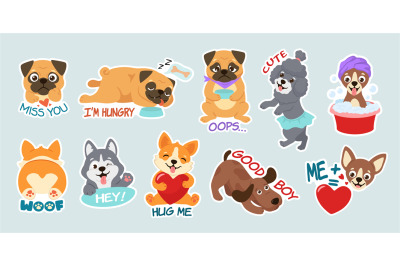 Funny cartoon dog stickers. Adorable puppy characters, cute pug and go