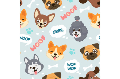 Cartoon puppies. Cute dogs faces pattern with woof speech bubbles for