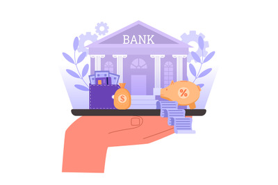Online banking. Digital finance management concept with bank building,