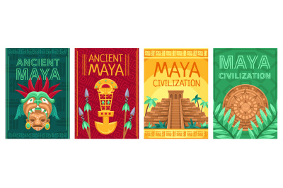 Maya civilization posters. Ancient traditional mask, pyramid and Maya