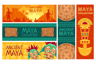 Maya civilization banners. Ancient Mayan calendar, pyramids and Mesoam