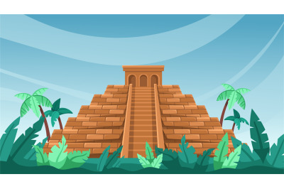Ancient Maya pyramid. Mesoamerican architecture with lush tropical fol