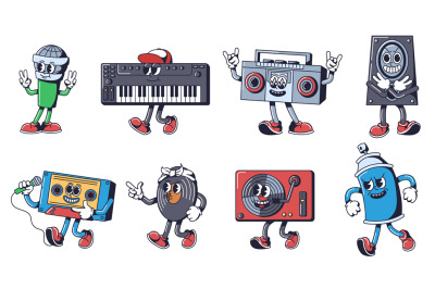 Hip hop music mascots. Beat-boxing microphone, synth keyboard, cassett