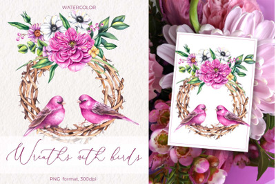 Watercolor Valentine Wreaths with birds PNG