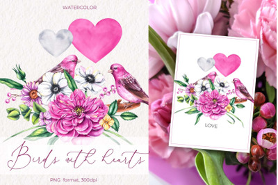 Watercolor Valentine Birds with hearts PNG