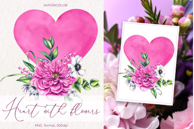 Watercolor Valentine Heart with flowers PNG
