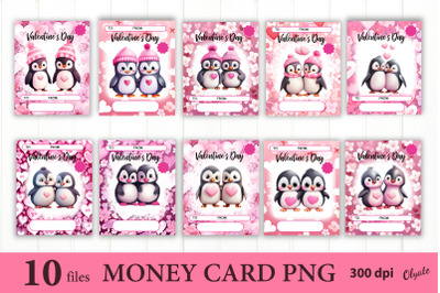Valentines Day Money Card Bundle PNG. Pink Penguins Sublimation