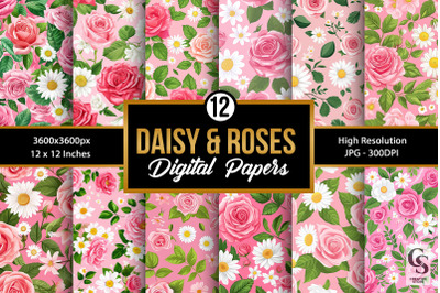 Spring Pink Roses and Daisies Seamless Patterns