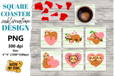 Valentine square coaster design. Sloth with heart coaster