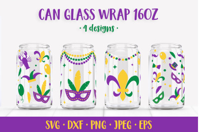 Mardi Gras Can Glass Wraps SVG. Carnival Beer Glass Can Wrap