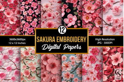 Pink Sakura Embroidery Digital Papers