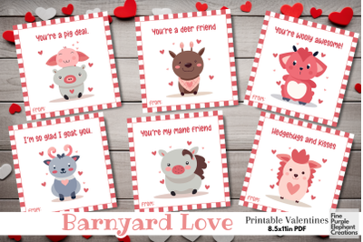 Printable Kids Barnyard Farm Animals Valentine Digital Paper Cards