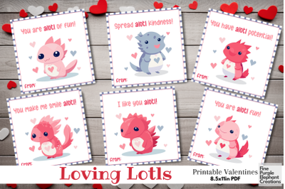 Printable Kids Pink Axolotl Dinosaur Valentine Digital Paper Cards