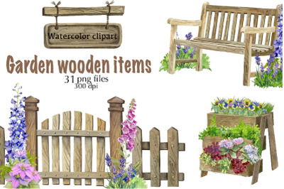 Garden wooden objects and flowers