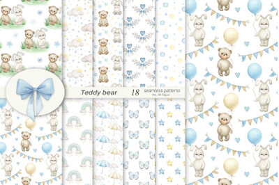 Teddy bear patterns Baby boy Digital Paper Baby shower