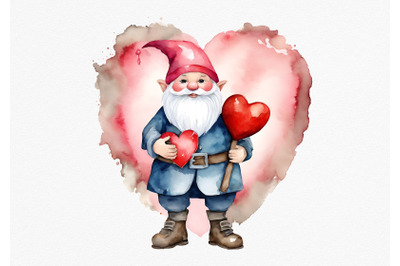 Watercolor Valentines Day Gnome with Heart
