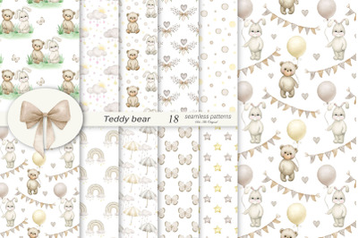 Teddy bear neutral baby backgrounds Seamless patterns