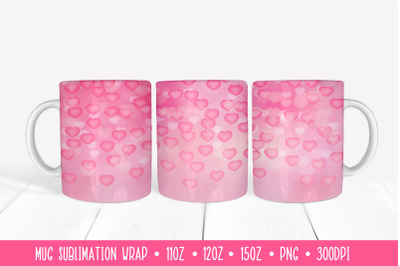 Pink Hearts Mug Sublimation Wrap. Romantic Mug Design
