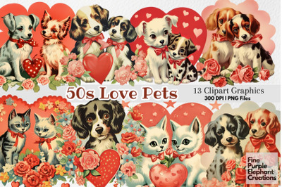 Vintage 1950s Dog Cat Valentine&#039;s Day PNG Junk Journal Ephemera Clipar