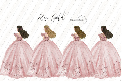 Pink Rose Gold Princess Birthday Clipart, Pink Rose Quinceanera