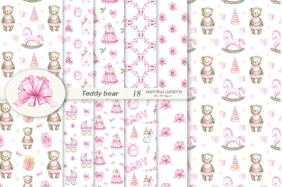 Teddy bear baby girl backgrounds Seamless patterns Baby shower
