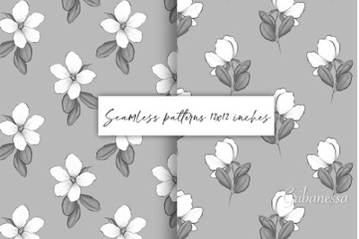 Black and white floral seamless patterns