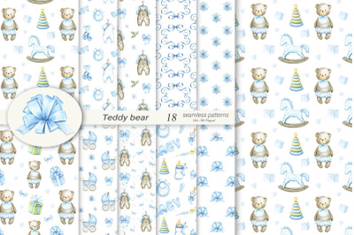 Teddy bear baby boy backgrounds Seamless patterns Baby shower