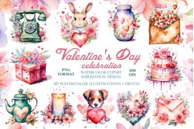 Valentine&#039;s Day watercolor clipart. Love, hearts, romance. PNG format.
