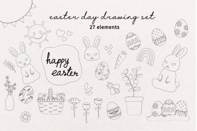 Cute Easter Holiday Line Drawing Set