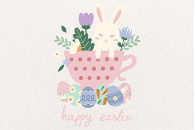 Easter Bunny Rabbit in a Mug &amp; Flowers SVG PNG