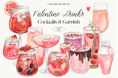 Valentine Drinks Cocktails &amp;amp; Garnish Watercolor