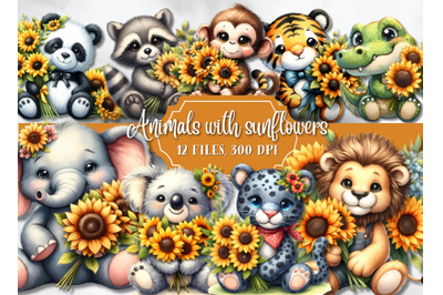 Animals with sunflowers illustrations
