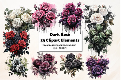 Dark Roses Watercolor Clipart, 39 High Quality PNG Files